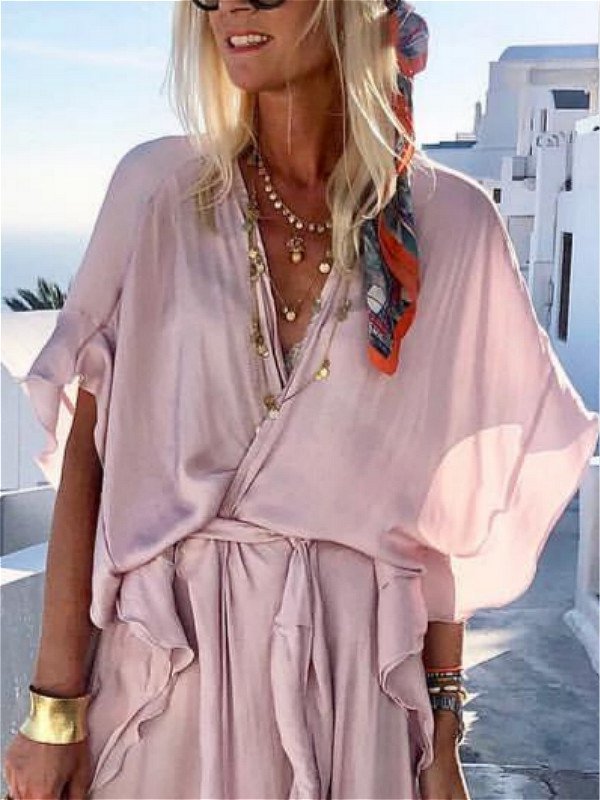 V neck Pink Women Summer Dress A-line Daily Slit Solid Dress